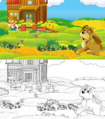 Naklejka premium cartoon scene with sketch farm ranch animal near wooden barn