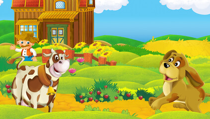 Obraz na płótnie Canvas cartoon scene with farm ranch animal near wooden barn - illustration