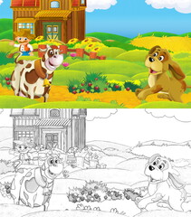 cartoon scene with sketch farm ranch animal near wooden barn