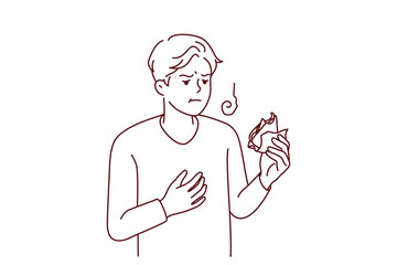 Unwell young man feel bad eating sandwich. Unhealthy guy have indigestion or food poisoning after snack. Stomachache problems. Vector illustration. 