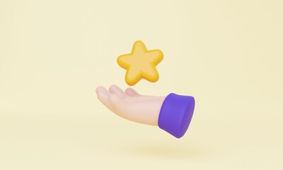 hand holding star on yellow pastel background. floating star. 3d rendering