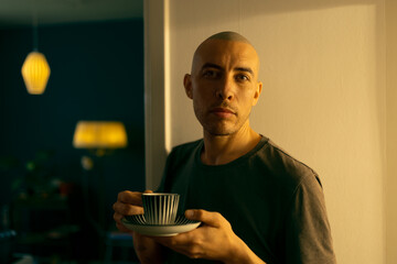 A caucasian man with a shaved head standing in a room next to a kitchen in a warm light holding a vintage coffee cup.