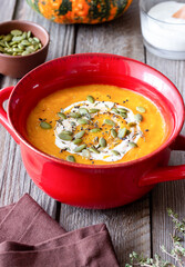 Pumpkin cream soup with seeds. Healthy eating. Vegetarian food. Diet.