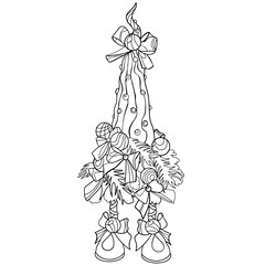 Colouring page, hand drawn Christmas tree with legs, colouring book, children colouring book