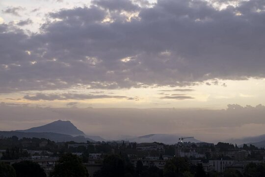 the Sainte Victoire mountain in the light of a cloudy autumn morning