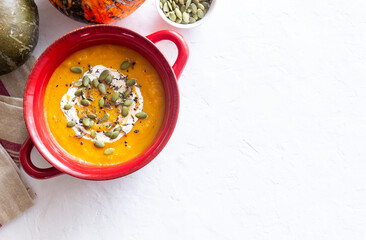 Pumpkin cream soup with seeds. Healthy eating. Vegetarian food. Diet.