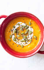 Pumpkin cream soup with seeds. Healthy eating. Vegetarian food. Diet.