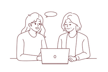 Smiling young woman help elderly female deal with modern laptop. Happy grownup daughter and mature mom use computer together. Technology and aged people. Vector illustration. 