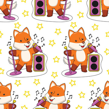 Cartoon fox singing seamless pattern design 
