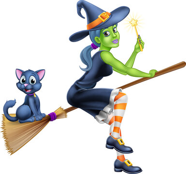 A witch halloween cartoon character on her broom stick