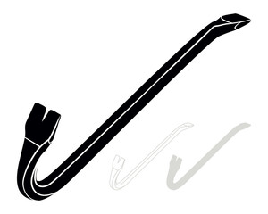 Black Crowbar. Jemmy. Silhouette, Outline and Monochrome Wrecking Bar Isolated on White Background