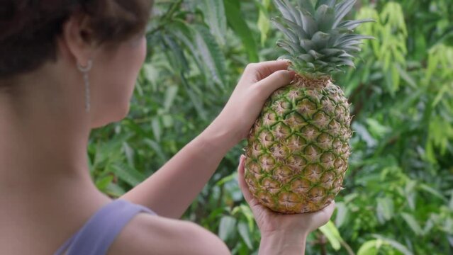 A girl with beautiful earrings jewelry is looking at beautiful pineapple in her hands against a background of bright green tropical thickets. A girl with a tropical fruit on a sunny day. Close up.