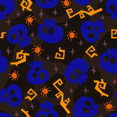 Blue Skulls and Tiny Spiders Spooky Halloween Vector Seamless Pattern