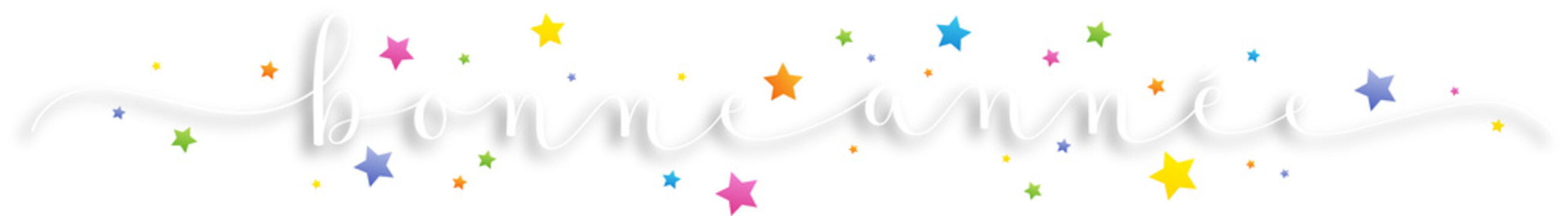Bannière calligraphique blanche BONNE ANNEE 2023 avec étoiles colorées sur fond transparent