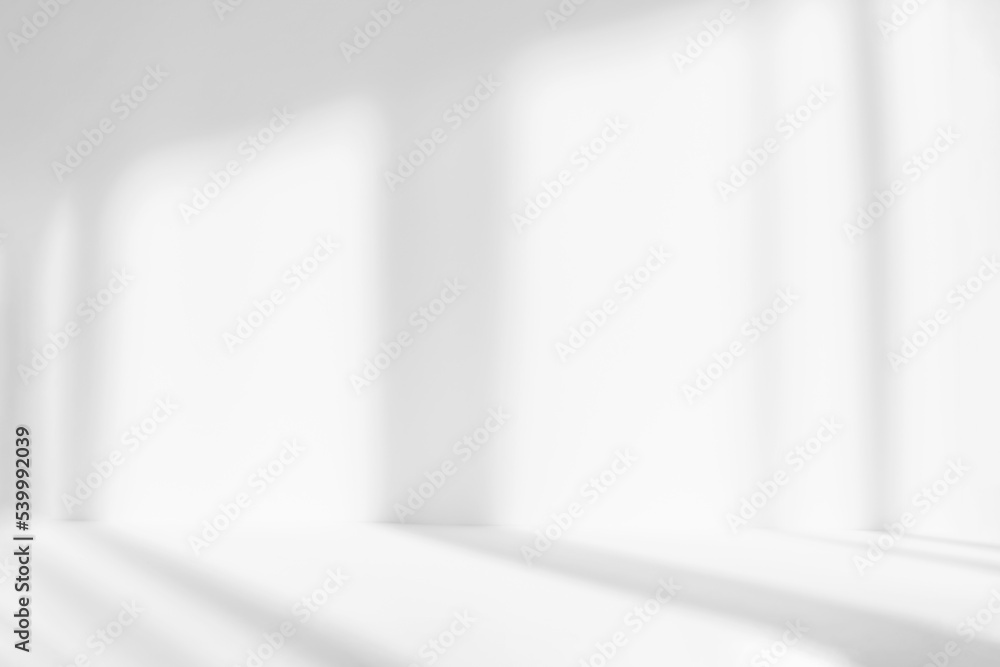 Fototapete Blurred abstract white studio background for product presentation. Empty room with shadows of window. Display product.