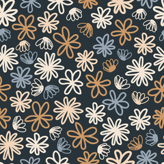  Simple vintage vector flowers seamless pattern in abstract style on dark background.