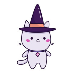 Cute kawaii cat with witch hat on white background. Halloween cartoon animal. Vector illustration.