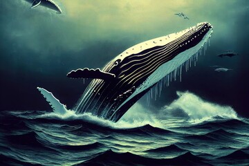 Humpback Whale attacks a hunting whaling ship from deep below, painting - obrazy, fototapety, plakaty