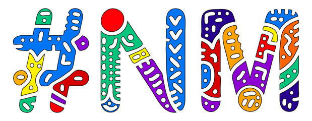 NM Hashtag. Multicolored bright isolate curves doodle letters. Hashtag #NM is abbreviation for the US American state New Mexico for social network, web resources, mobile apps.
