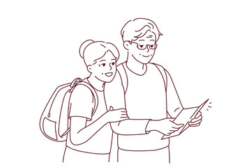 Smiling mature couple with backpacks look at paper map travel together. Happy elderly man and woman travelers look on vacation. Vector illustration. 
