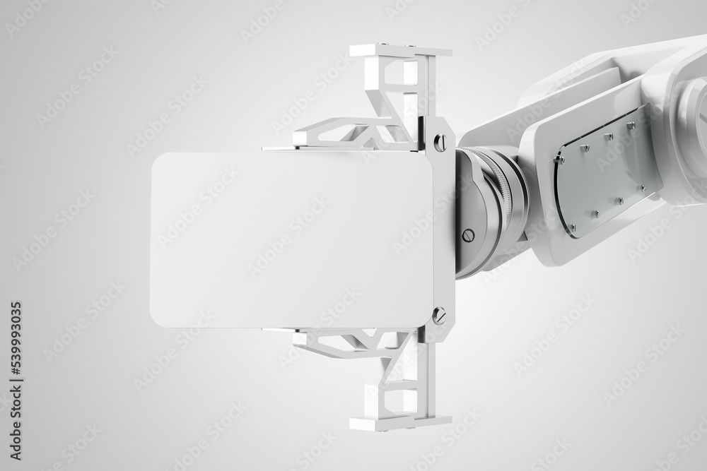 Aufkleber A mechanical hand holds a smartphone with a white screen. The concept of a robotic arm with a robotic claw. Mock up. 3d rendering