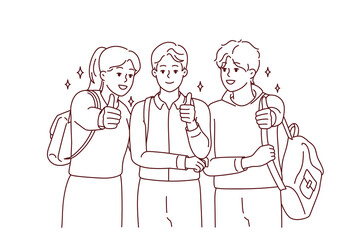 Portrait of happy students with backpack posing together showing thumbs up for good education. Smiling youth recommend college or university. Vector illustration. 