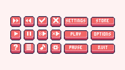 Interface menu buttons pixel art set. Menu panel collection. Play, pause, store, settings, options, quit. 8 bit sprite. Game development, mobile app. Isolated vector illustration.