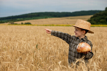 Naklejka na ściany i meble Little boy in the straw hat and shirt he held out his handing with bread in ripe grain. concept poverty, crisis, famine