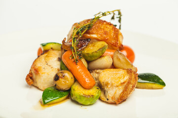 Delicious roasted chicken with potatoes, carrots and tomatoes on white background