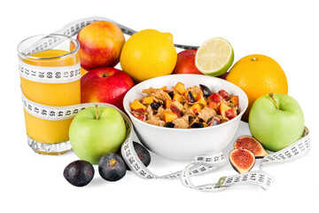 Diet weight loss breakfast concept with tape measure, fruit and cereal