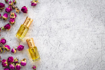 Glass bottles of oil perfume. Traditional Arabian fragrance