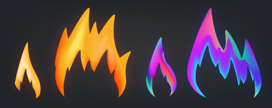 Magic Fire PNG. Cartoon fairy colorful fire transparent  set on dark background, vector illustration