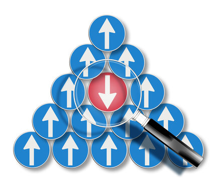 Countercurrent metaphor with red arrow goes against - Concept seen through a magnifying glass