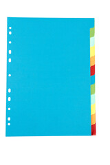 Colored sheets with tabs and holes for use in file folders, separators, paper dividers. Isolated and copy space.