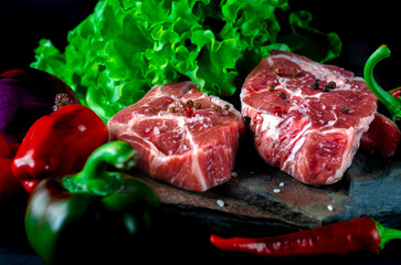 Meat set. Raw meat steaks with seasonings. Healthy eating
