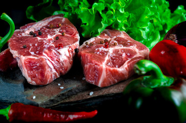 Meat set. Raw meat steaks with seasonings. Healthy eating