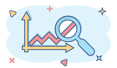 Market trend icon in comic style. Growth arrow with magnifier cartoon vector illustration on white isolated background. Increase splash effect business concept.