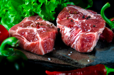 Meat set. Raw meat steaks with seasonings. Healthy eating