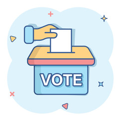 Vote icon in comic style. Ballot box cartoon vector illustration on white isolated background. Election splash effect business concept.
