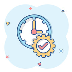Check mark on clock icon in comic style. Gear with time cartoon vector illustration on white isolated background. Production splash effect business concept.