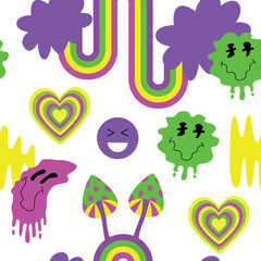 Retro groovy psychedelic digital paper. Mushrooms, rainbows, smile faces, hearts. Y2k. Good vibes. 60s, 70s, 80s, 90s aesthetic.