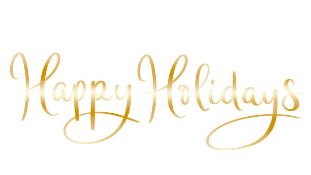HAPPY HOLIDAYS metallic gold brush lettering banner on transparent background