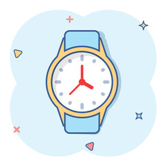 Wrist watch icon in comic style. Hand clock cartoon vector illustration on white isolated background. Time bracelet splash effect business concept.