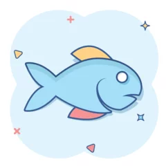 Foto auf Acrylglas Antireflex Fish icon in comic style. Seafood cartoon vector illustration on white isolated background. Sea animal splash effect business concept. © Lysenko.A