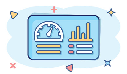 Dashboard icon in comic style. Finance analyzer cartoon vector illustration on white isolated background. Performance algorithm splash effect business concept.