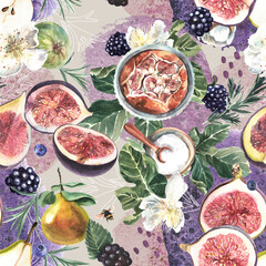 Seamless background. Floral branches, figs, berries on a gray, purple, watercolor texture. Rosemary, spices. Illustration.
