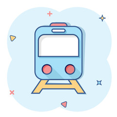 Metro icon in comic style. Train subway cartoon vector illustration on white isolated background. Railroad cargo splash effect business concept.