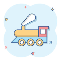 Metro icon in comic style. Steam train cartoon vector illustration on white isolated background. Railroad cargo splash effect business concept.