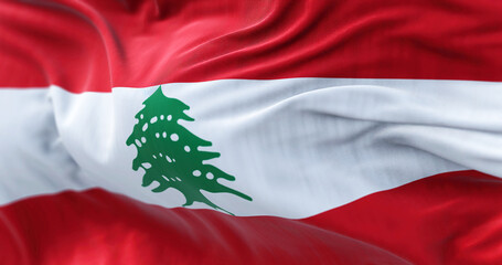 Close-up view of the Lebanon national flag waving in the wind