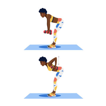 Arms Dumbbell Row exercise, young female athlete doing fitness exercise, fitness at home.